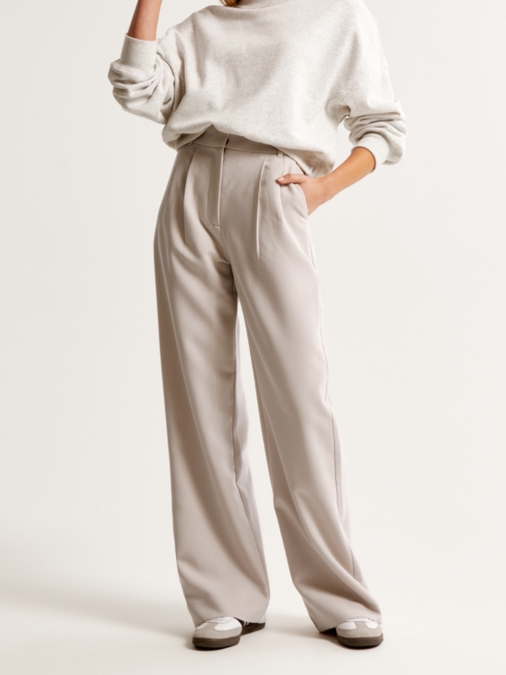 Abercrombie Sloane Wide Leg High-Waist Trousers in Light Beige